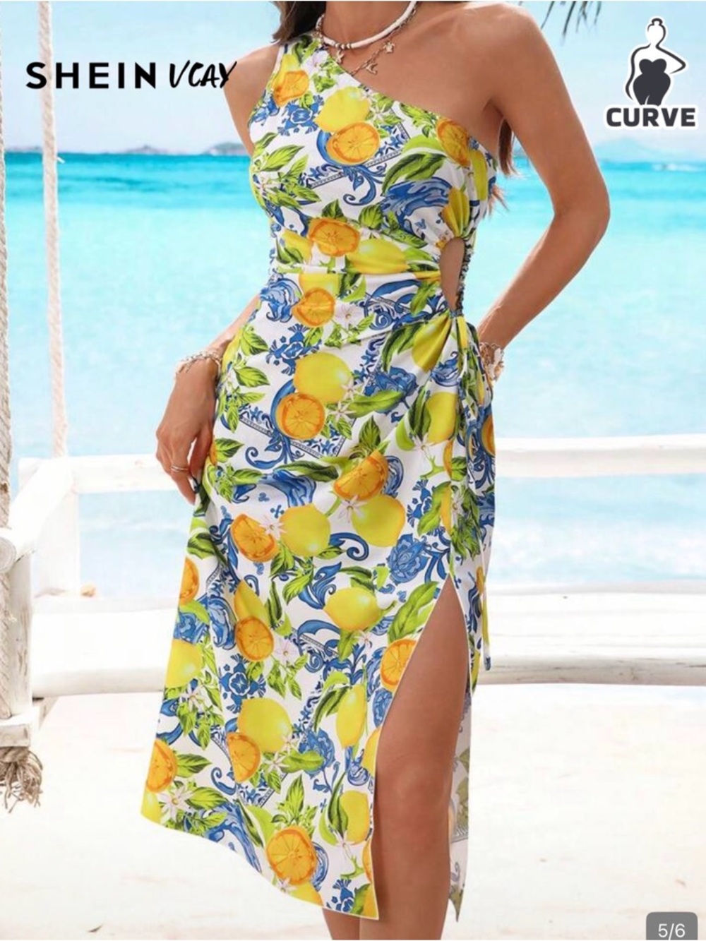 SHEIN Yellow Blue Lemon One-Shoulder Midi Dress